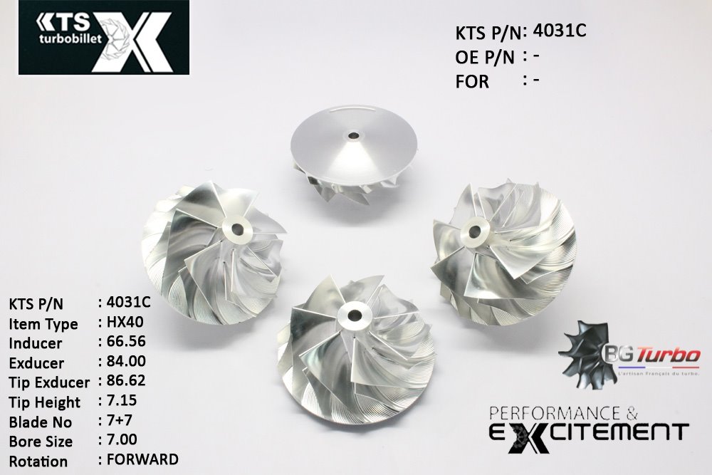 Turbo ROUE FORGÉE MFS PERFORMANCE - 7+7 PALES - INDUCER : 66,3 - EXDUCER : 84 - TYPE : HE431VANGLE : 60° - ROTATION : Forward - SUPER BACK : 4,96 - BORE SIZE : 7
